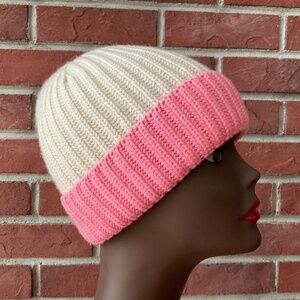 William Lockie Cashmere Cream Pink Ribbed Cuffed Beanie Hat Made in Scotland NEW